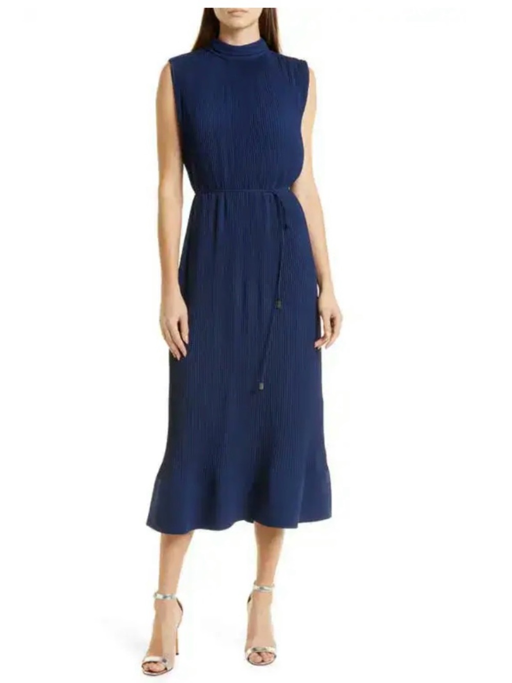 Milly Sleeveless Navy Pleated Midi Dress
